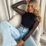 Czarna Dopasowana Bluzka SKIN z Transparentnymi Rękawami PRODUKT POLSKI PREMIUM