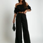 Elegancki Komplet Letni KEIRA Crop Top Hiszpanka & Spodnie Wide Leg – Czarny