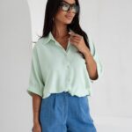 Elegancka Koszula SUZII Oversize z Krótkim Rękawem miętowa PRODUKT POLSKI PREMIUM