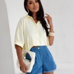 Elegancka Koszula SUZII Oversize z Krótkim Rękawem Żółta PRODUKT POLSKI PREMIUM