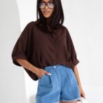 Elegancka Koszula SUZII Oversize z Krótkim Rękawem czekolada PRODUKT POLSKI PREMIUM