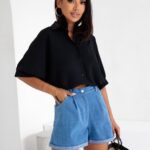 Elegancka Koszula SUZII Oversize z Krótkim Rękawem czarna PRODUKT POLSKI PREMIUM