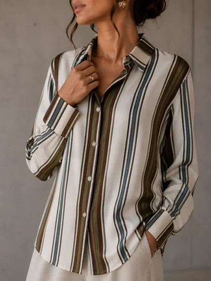 WISKOZOWA KOSZULA ROOMY PLUS SIZE PASKI ECRU NIEBIESKI BRĄZ PRODUKT POLSKI