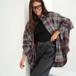 KOSZULA OVERSIZOWA ROZZI W SZARO BEŻOWO BORDOWĄ KRATĘ PLUS SIZE PRODUKT POLSKI