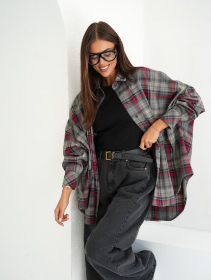 KOSZULA OVERSIZOWA ROZZI W SZARO BEŻOWO BORDOWĄ KRATĘ PLUS SIZE PRODUKT POLSKI