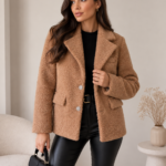 KRÓTKI PŁASZCZYK Z BUKLI THALIA KARMELOWA