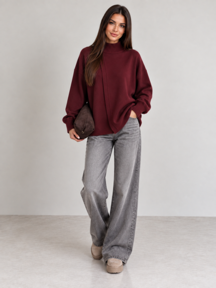 SWETER DAMSKI HARMONY Z OZDOBNYM ZAKŁADANYM PRZODEM BORDO