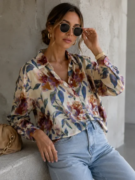 WISKOZOWA KOSZULA ROOMY PLUS SIZE KWIATY BEŻ NIEBIESKI POMARAŃCZ PRODUKT POLSKI