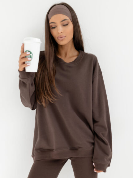 BAWEŁNIANA BLUZA OVERSIZE LONG CZEKOLADA PRODUKT POLSKI